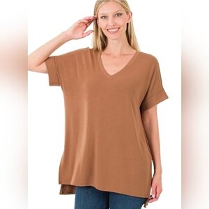 NEW Zenana Rolled Short-Sleeve Side-Slit Hi-Low Hem Top ~ Cocoa